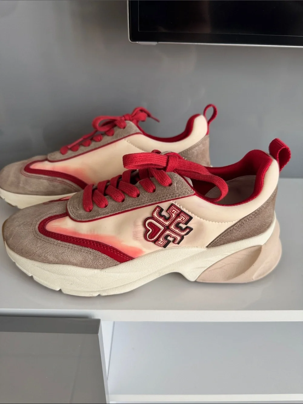 Tory Burch Beige Suede & Red Accent Women's Chunky Sneakers